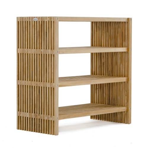18220 Teak Storage Shelf with towels rolled up on shelves on white background