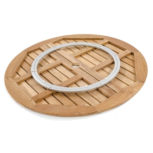 18705 round 32 inch teak lazy susan with closeup showing bottom view on white background