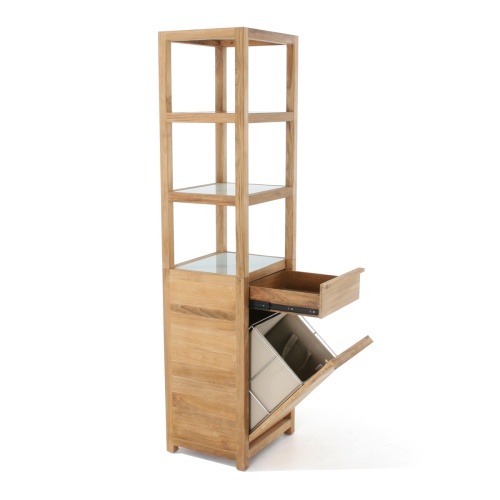 18815f Pacifica teak Linen Tower angled view with top drawer lower linen drawer open on white background