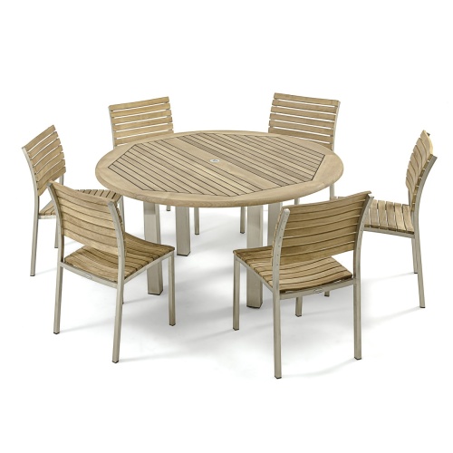 25014 Vogue teak and stainless steel 5 foot Round Table with the 7 piece Vogue Teak Dining Set angled on white background