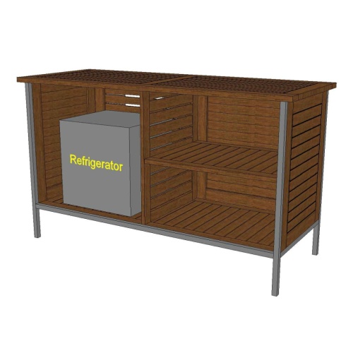 28226 Vogue Teak and Stainless Steel Beverage Console angled view showing space for a beverage refrigerator on white background