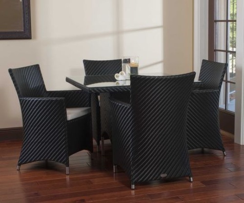 29001BKDP Valencia Black Armchair with seat cushion with dining set on wood floors with candle holder on table wall mirror and french door to outside