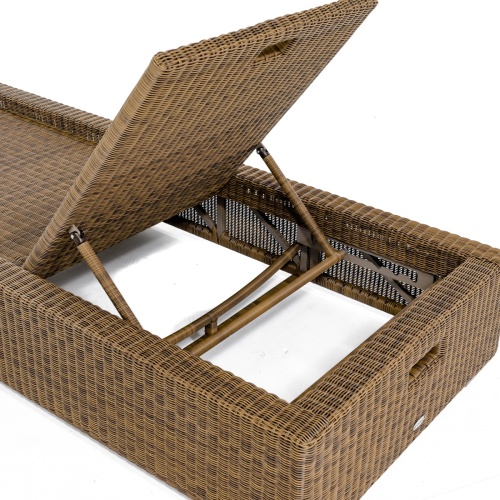 30002dp Malaga synthetic wicker chaise lounger with cushions back angled closeup view of multi positional reclining mechanism on white background