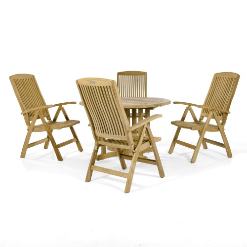 70028 Barbuda Reclining 5 piece teak round Dining Set side view on white background
