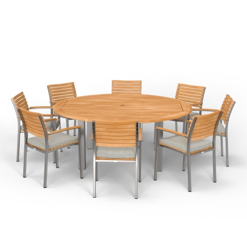 70111 Vogue teak and stainless steel 9 piece72 inch round Dining Set of 8 dining armchairs with optional seat cushions and 72 inch round table in side view on white background