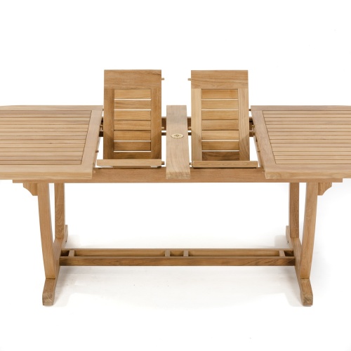 15504 Montserrat Teak Table in side view showing close up of butterfly leaf extensions half open in table on white background