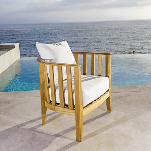 70257 kafelonia teak 3 pc Chair Set showing 4 Sets on boat deck cruising on the ocean in aerial view with American flag in back