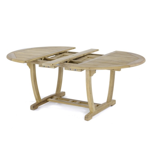 15548 Martinique Teak Table showing closeup side view with butterfly leaves stored inside table on white background