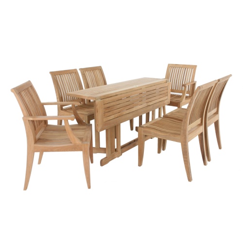 70289 Nevis Laguna 7 pc Teak Dining Set showing Laguna Side Chair angled front view on patio next to Nevis Dining Table
