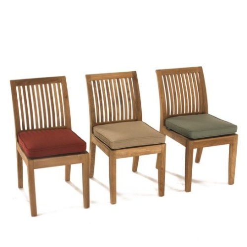 11810 Laguna Teak Side Chair showing 3 chairs with optional custom colored seat cushions on white background