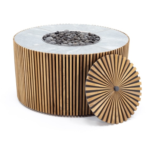 14100 Agora Round 40 inch table angled view showing slatted teak exterior with ceramic slate top and teak fire bowl cover in center on white background 