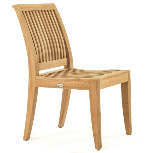 70435 Pyramid 14 pc Teak Dining Set of 2 Pyramid Rectangular Tables and 12 Laguna Side Chairs in angled side view on white background