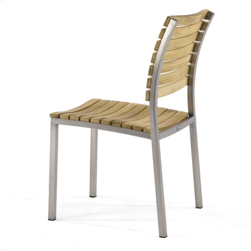 70444 Vogue Teak Dining Set for 8 of  Vogue 6 ft Round Table and 8 Vogue Side Chairs in angled side view on white background