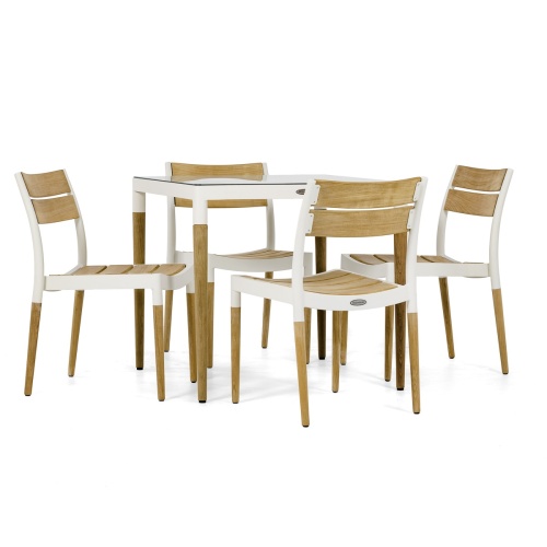 70449 Bloom teak and powder coated aluminum 32 inch square dining table with glass top and 4 dining chairs side view on white background