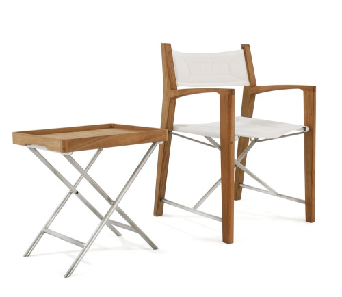 70461 odyssey five piece teak and stainless steel set showing side table angled view on white background