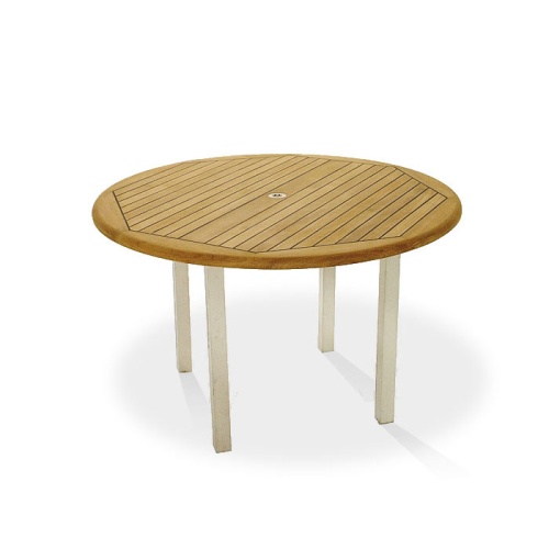 25014 Vogue stainless steel and teak round 60 inch diameter dining table aerial view on white background