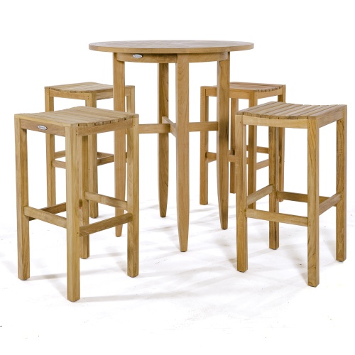 70533 Somerset Laguna 5 piece teak Bar Set of 4 teak backless barstools and a round teak 36 inch diameter bar table angled on white background