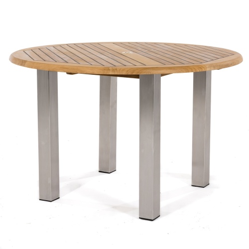 25013 Vogue Teak and Stainless Steel 4 foot Round Dining Table side angled view of table top on white background