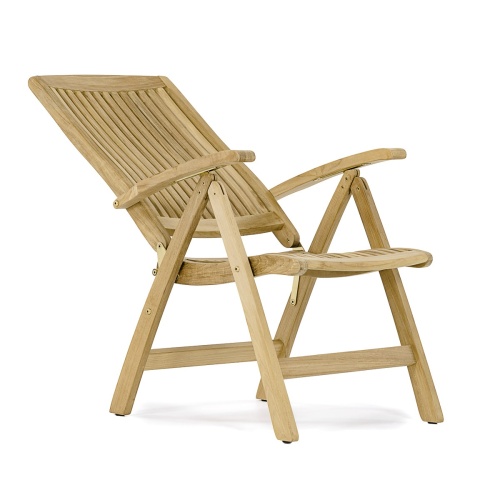 12569S Barbuda Teak Recliner Armchair fully reclined position in angled side view on white background