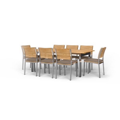 70756 Vogue 7 pc Dining Set with All Armchairs with optional rectangular umbrella aerial side view on tiled patio with stairs in background