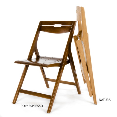 11916 Surf Teak Folding Chair showing 2 chairs with one folded flat for storage in natural and one opened in poly expresso on white background