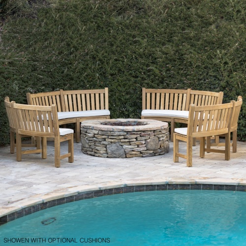 70862 Buckingham teak 6ft curved bench set of 4 in circle with optional seat cushions on white background