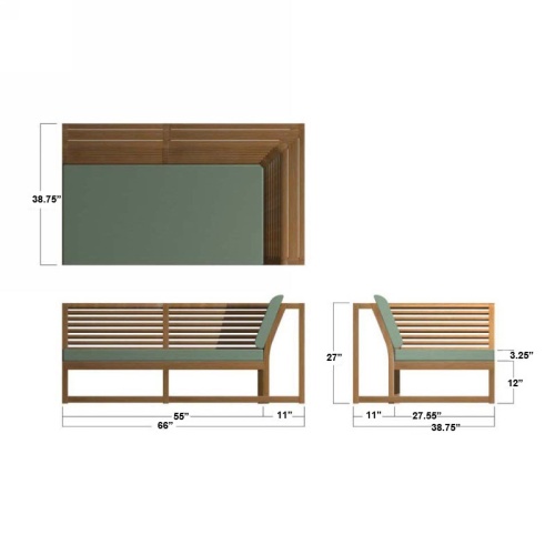 13801 Maya teak Left Side Sectional autocad in aerial and side and rear view on white background