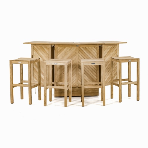 17112 Somerset teak bar and stool five piece set opened front view on white background