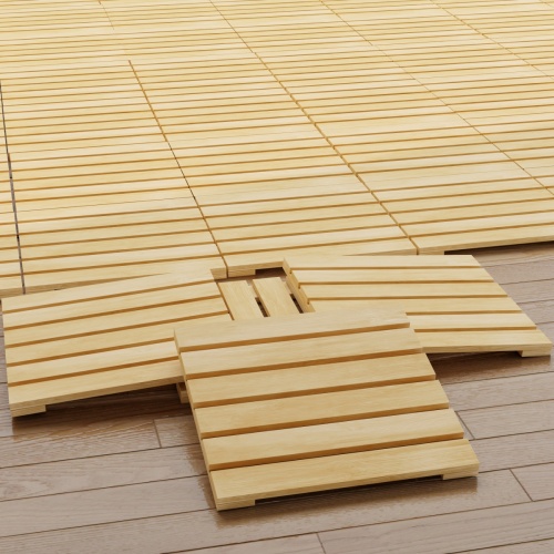 18490 Callebotise Teak Floor Tiles showing angled closeup view of teak tiles on a floor