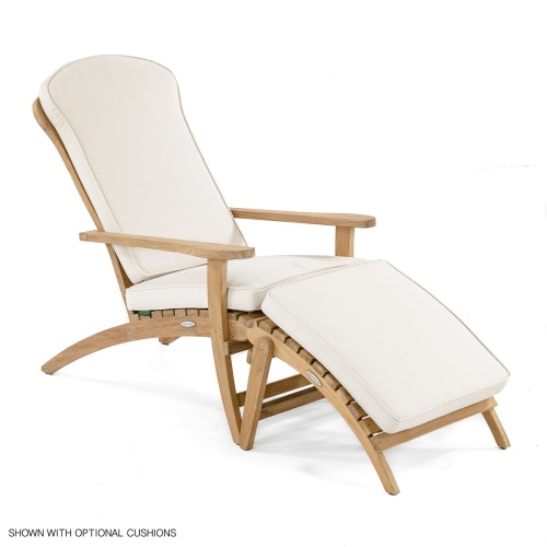 70000 teak Adirondack Chair and footrest with cushions side angled on white background