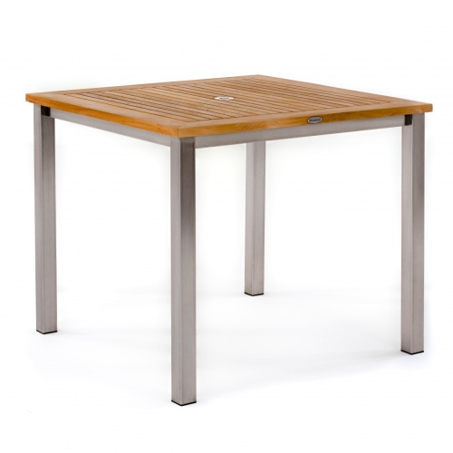 70014 Vogue teak and stainless steel 36 inch square dining table corner angled view on white background