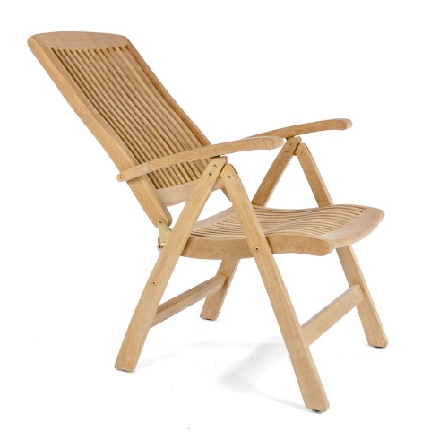 12569S Barbuda Teak Recliner showing angled right side view with back in reclined position on white background