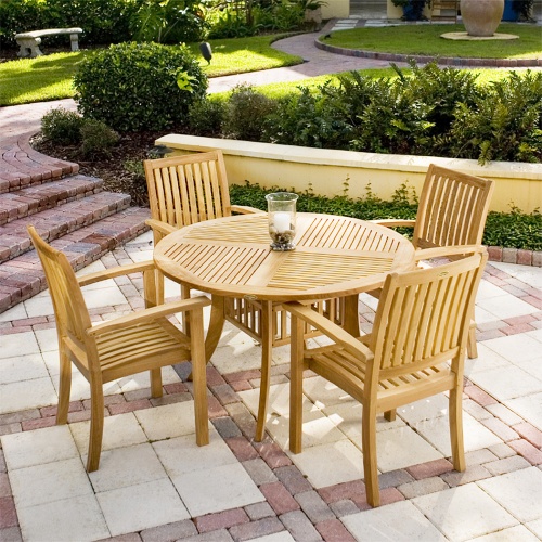 70027 Grand Hyatt 5 pc Dining Set on brick patio showing closeup side view of 2 dining chairs with optional seat cushions outdoors with glass doors in background