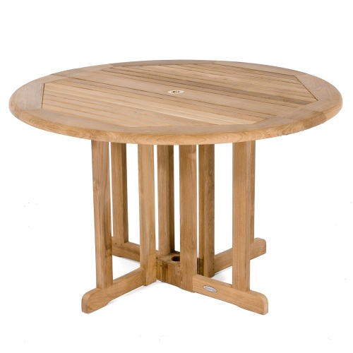 15623S Barbuda Teak 4 ft round Folding Dining Table angled top view on white background