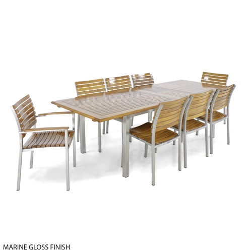 70055 Vogue 11 piece teak and 304 stainless steel rectangle dining set with marine gloss finish in angled end view on white background