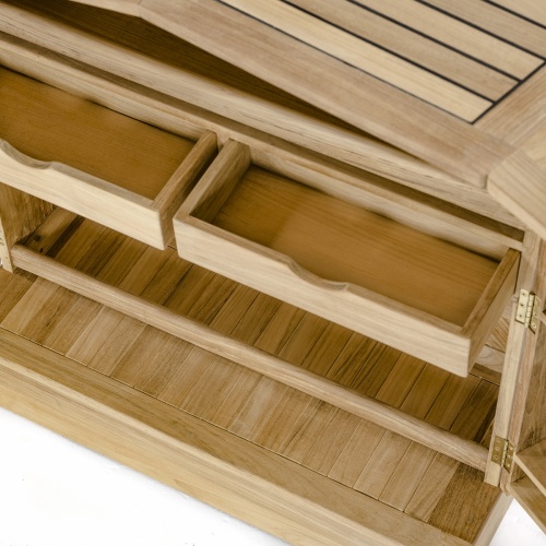 70072 somerset teak bar and stool set opened closeup of middle section drawers on white background