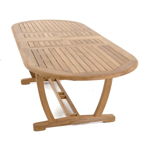 15504 Montserrat Teak Oval Dining Table showing double leaf extended in angled end view of table top on white background