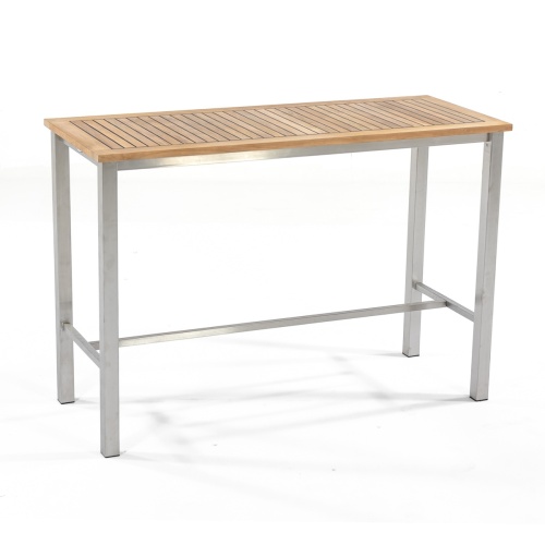 25314 Vogue stainless steel and teak 5 foot long bar table angled view on white background