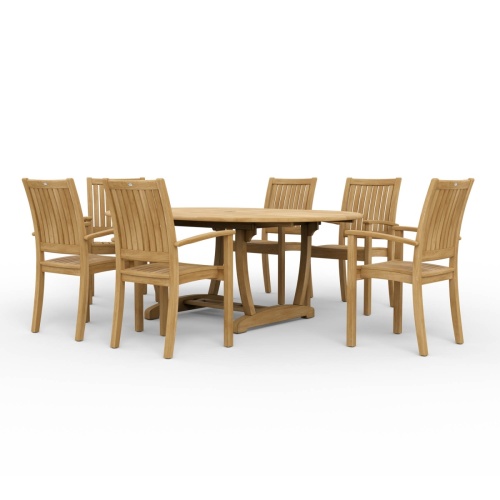70214 Martinique Sussex  Teak 7 piece Dining Set on tiled patio showing optional closed umbrella in center of table end view with grass and trees in background