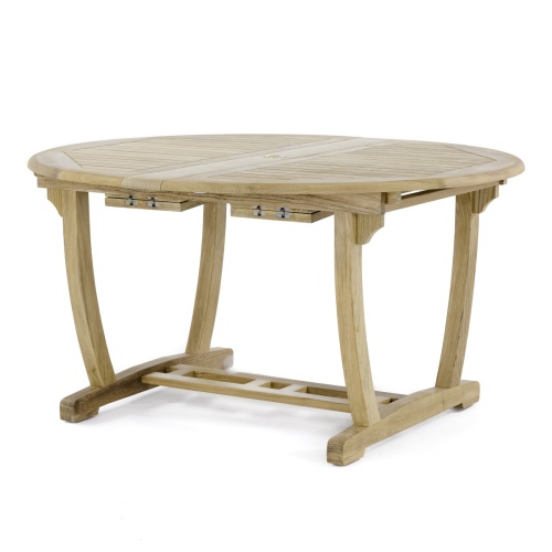 15548 Martinique Teak Table with double butterfly leaf extensions in closed position side angled view on white background