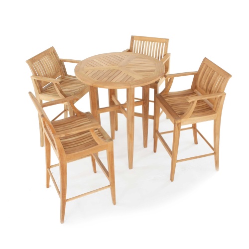 70294 Laguna 5 piece teak Round Bar 36 inch diameter Table Set aerial view on a white background