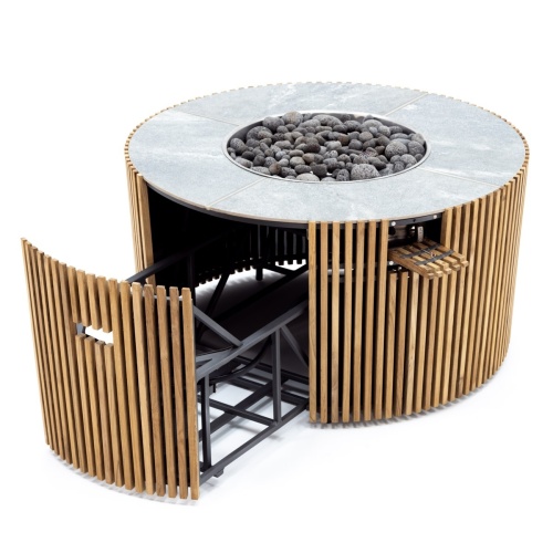 14100 Agora Round 40 inch table angled top view showing slatted teak exterior with ceramic slate top and fire bowl cover leaning against fire table on white background 