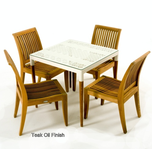 70420 Bloom Laguna teak and powder coated aluminum 5 piece Dining Set with Teak Oil Finish corner angled view on white background