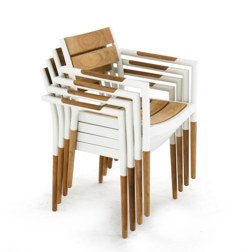 70468 Bloom teak and powder coated aluminum dining chairs stacked 4 high side view on white background
