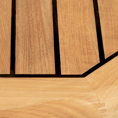 25013 Vogue teak and stainless steel 4 foot round dining table showing closeup view of sikaflex Marine sealant between table spats