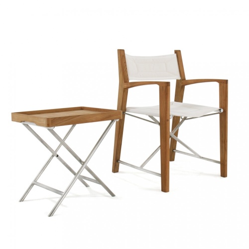 70651 Odyssey teak and stainless steel Directors Chair in Marine Sealant Finish with optional ottoman side table with teak tray side angled view on white background