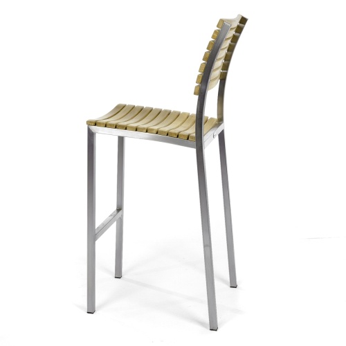 21510 Vogue Teak and Stainless Steel Bar Stool in side view on a white background