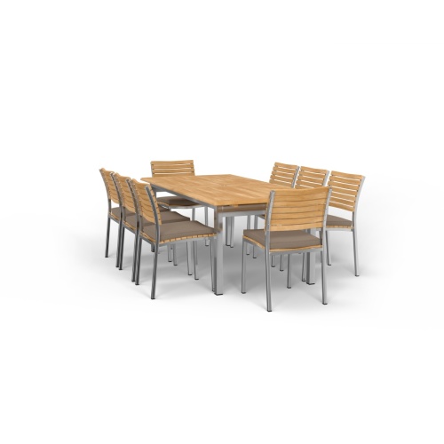 70756 Vogue 7 pc Dining Set of 6 Vogue Stacking Dining Chairs with optional seat cushions and Vogue Rectangular Dining Table in angled end view on white background