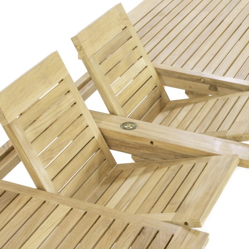 70770 Grand Laguna teak extension dining table showing closeup of permanent umbrella hole and dual butterfly leaf extensions partially extended in V on white background