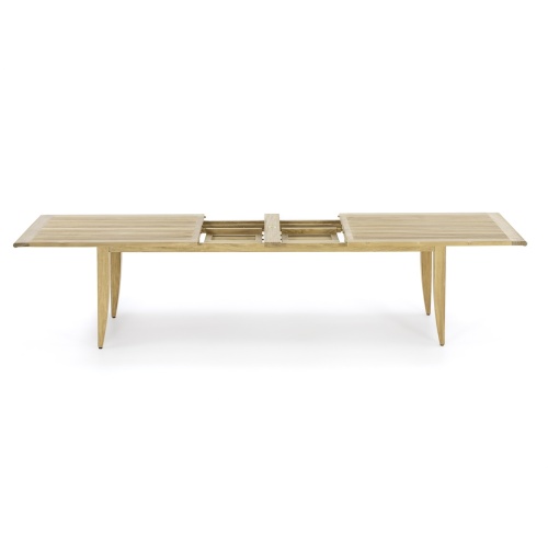 15978 Grand Laguna teak 11 foot rectangle dining table in extended position showing double butterfly extensions side view on white background